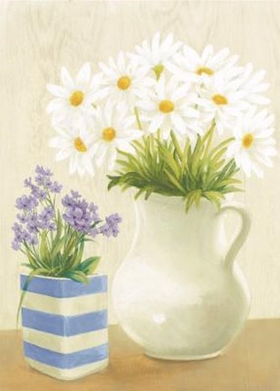 Framed Daisies Violets In Vase And Pitcher Print