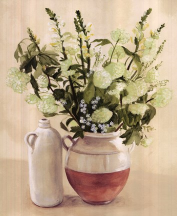 Framed White Flowers In Vase With Bottle Print