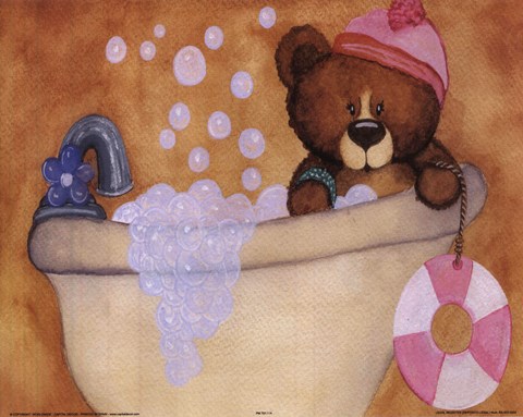 Framed Bear With Pink Hat In Bathtub Print