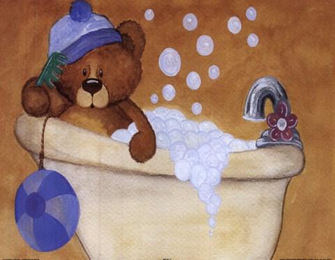 Framed Bear With Blue Hat In Bathtub Print