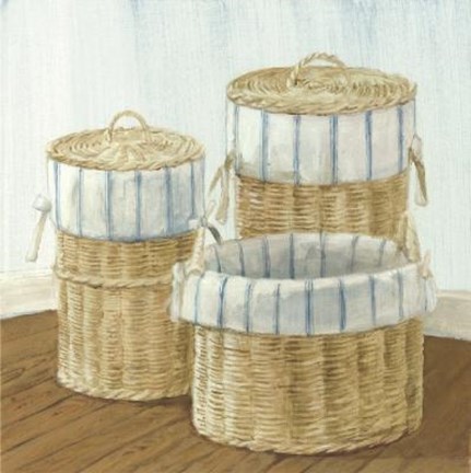 Framed Baskets With Blue Striped Cloth Print