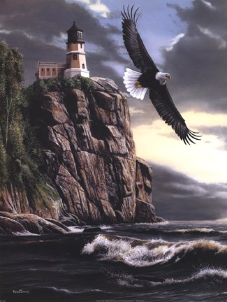 Framed Eagle Over Lighthouse Print