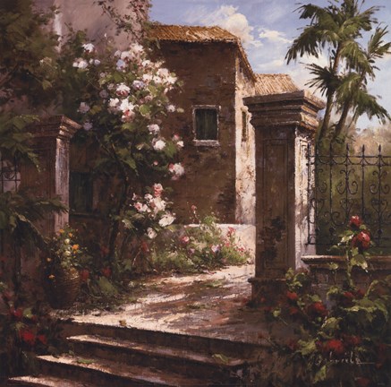 Framed Courtyard With Flowers Print