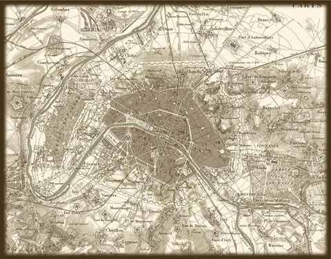 Framed Sepia Map Of Paris Print