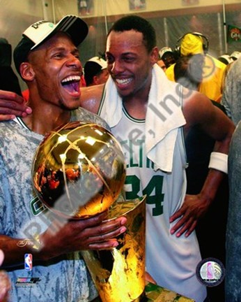 Framed Ray Allen &amp; Paul Pierce, Game Six of the 2008 NBA Finals With Trophy, In the Locker Room #34 Print