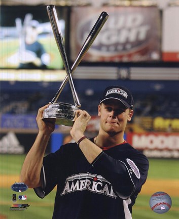 Framed Justin Morneau with the 2008 MLB Home Run Derby Trophy Print