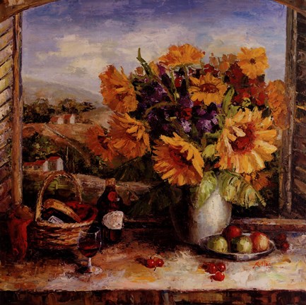 Framed Sunflowers With Fruit And Wine II Print