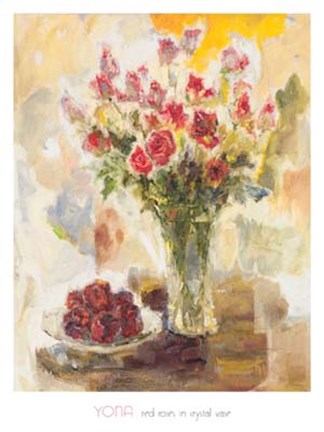 Framed Red Roses In Crystal Vase Print