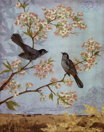 Framed Catbirds &amp; Blooms - mini Print