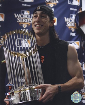 Framed Tim Lincecum With World Series Trophy Game Five of the 2010 World Series Print