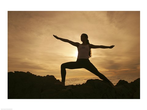 Framed Silhouette of a young woman practicing yoga, Haleakala National Park, Maui, Hawaii, USA Print