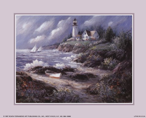 Framed Lighthouse and Boat Print