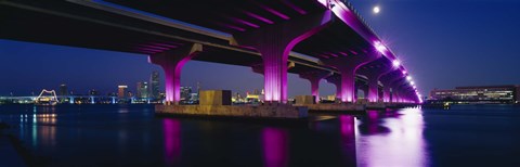 Framed Bridge lit up across a bay, Macarthur Causeway, Biscayne Bay, Miami, Florida, USA Print