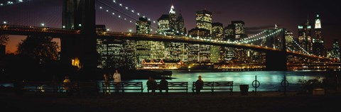 Framed Suspension bridge lit up at dusk, Brooklyn Bridge, East River, Manhattan, New York City, New York State, USA Print