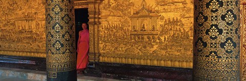 Framed Monk in prayer hall at Wat Mai Buddhist Monastery, Luang Prabang, Laos Print