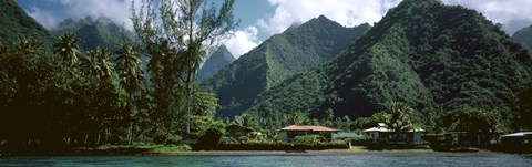 Framed Mountains and buildings at the coast, Tahiti, Society Islands, French Polynesia Print