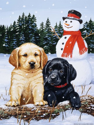 Framed Lab Puppies With Snowman Print
