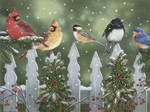 Framed Winter Birds on a Snowy Fence Print