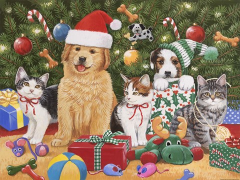 Framed Puppies &amp; Kittens Christmas Print