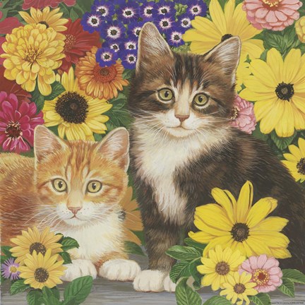 Framed Kitties And Flowers Print