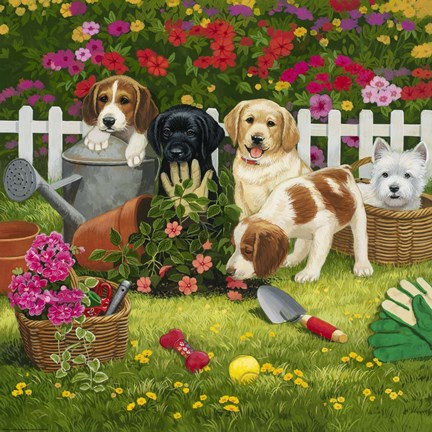 Framed Garden Puppies Print