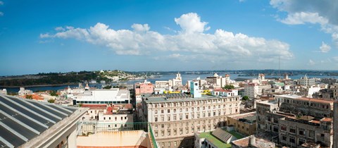 Framed Buildings in a city at the waterfront viewed from a government building, Obispo House, Mercaderes, Old Havana, Havana, Cuba Print