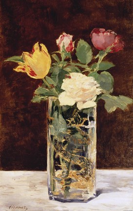 Framed Roses and Tulips in a Vase, 1883 Print