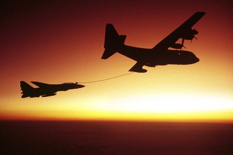 Framed US Navy F-14A Tomcat aerial refueling from a KC-130 Hercules Print