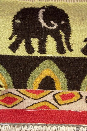 Framed Namibia, Swakopmund. Karakulia, elephant design on wool textiles Print