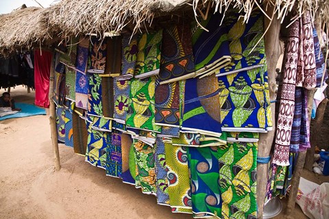 Framed West Africa, Benin, Textiles in thatched market Print