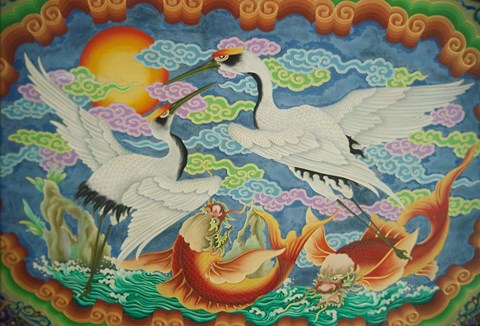 Framed Taiwan, Peimen, Nankunshen Temple, Ceiling mural of cranes and catfish Print