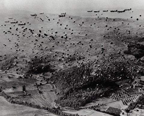 Framed Parachutes fly after Air Force Troop Carrier drops Allied soldiers and supplies during the Allied Invasion of France Print
