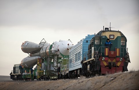 Framed Soyuz TMA-18 Spacecraft is Transported by Railcar to its Launch Pad Print