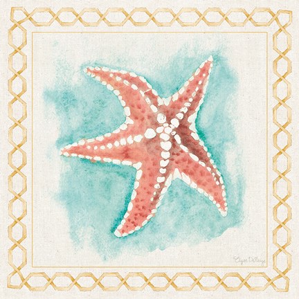 Framed Coastal Mist Starfish Border Turquoise Print