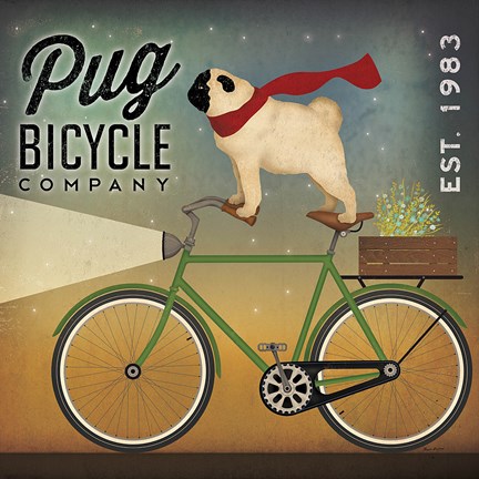 Framed Pug on a Bike Print