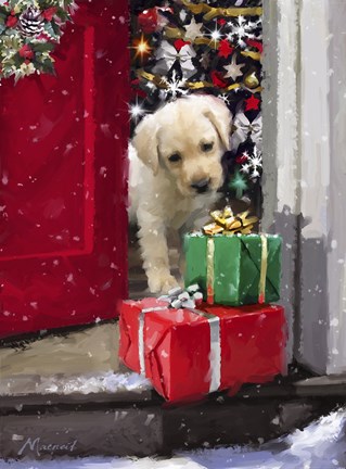Framed Puppy With Presents Print