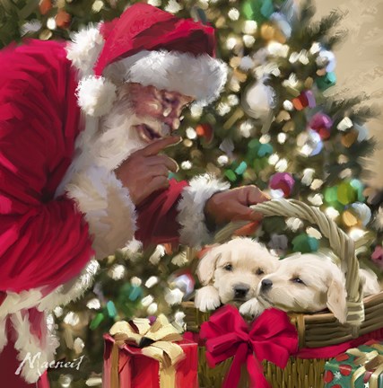 Framed Santa And Puppies Print