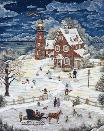 Framed Christmas At Crystal Bay Lighthouse Print