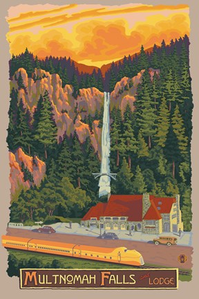 Framed Multinomah Falls And Lodge Print