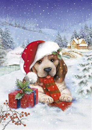 Framed Puppy With Gift and Mistletoe Print