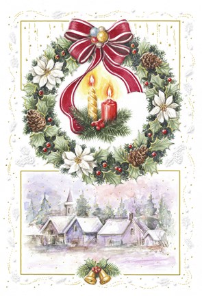 Framed Holiday Wreath and Village With Candles Print