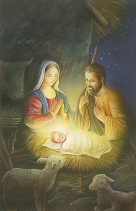 Framed Mary Joseph and Lambs Glowing Manger Print