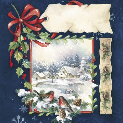 Framed Winter Village and Bird Holiday Print