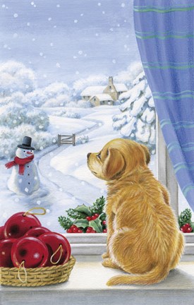 Framed Puppy With Snowman and Mistletoe Print