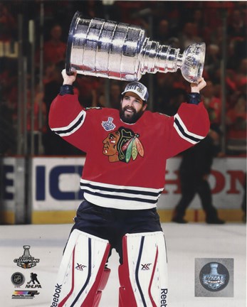 Framed Corey Crawford with the Stanley Cup Game 6 of the 2015 Stanley Cup Finals Print
