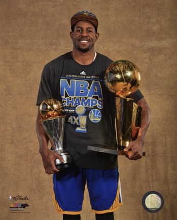 Framed Andre Iguodala with the MVP &amp; NBA Championship Trophies Game 6 of the 2015 NBA Finals Print