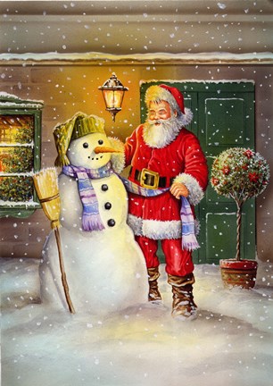 Framed Snowman Greeting Santa Print