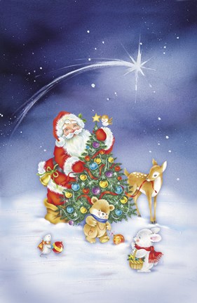 Framed Santa&#39;s Christmas Tree And Friends Print