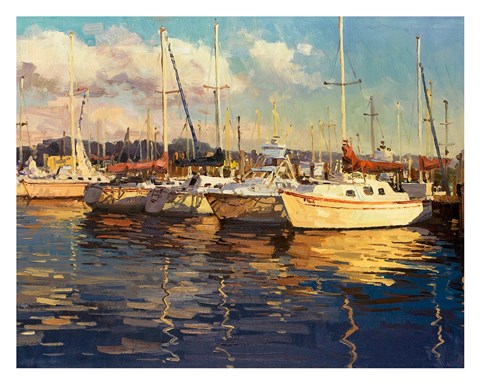 Framed Boats on Glassy Harbor Print