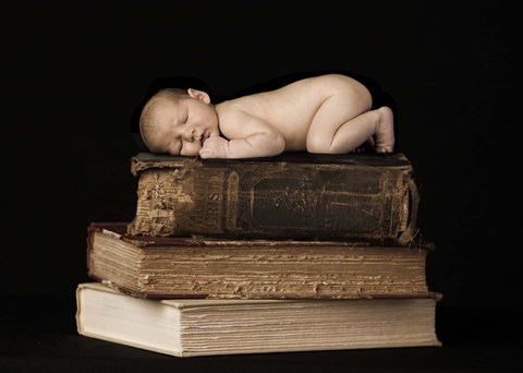 Framed Baby On Books Print